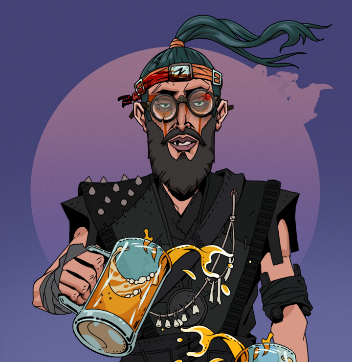 Oleg Of War — Degen Dojo NFT art (Shirtless Runt, Purple Night, Degens, Warlock Wannabe, Oleg Of War, Bloodied Glasses, Green Bandana, Beer Splash, Mint)