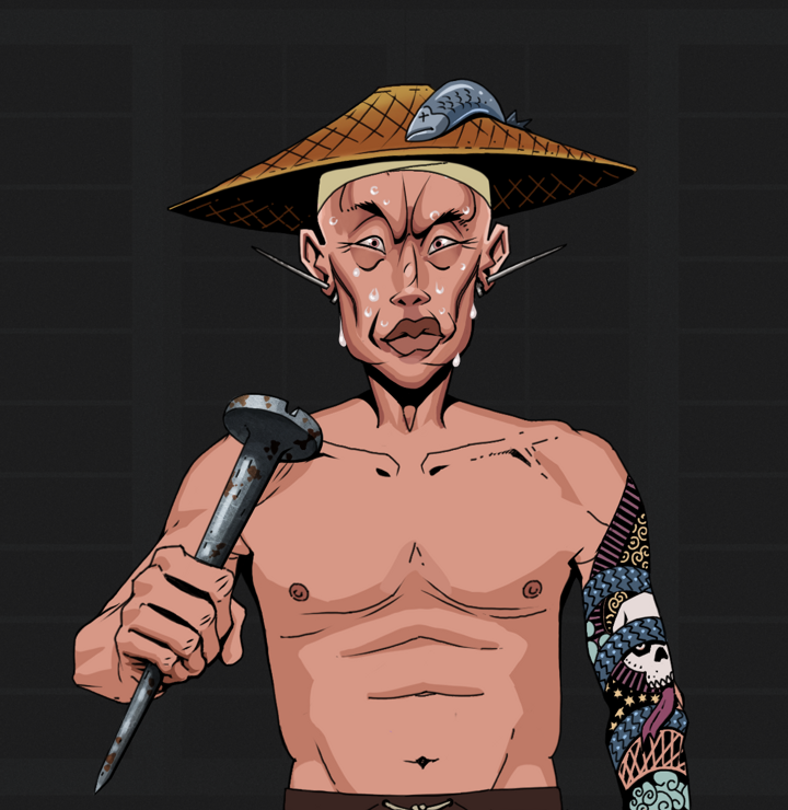 Stresshead Rin — Degen Dojo NFT art (Nails, Shoji Night, Degens, Skull Sleeve, Stresshead Rin, Shirtless Runt, Wide Kasa Fisherman, Rusty Nail, Mint)