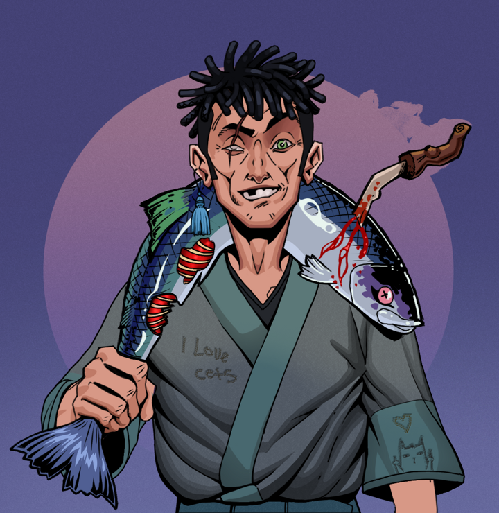 One-Eyed Itsuki — Degen Dojo NFT art (Tassel, Purple Night, Degens, Cet Kimono, One-Eyed Itsuki, Shirtless Runt, Black Bantu Knots, Dead Fish, Mint)