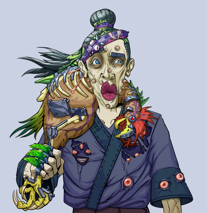 Masumi Steel — Degen Dojo NFT art (Chicken Bones, Blue Evening, Demons, Fuck You Kimono, Masumi Steel, Shirtless Runt, Long Flowing, Chicken, Mint)