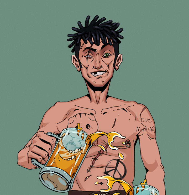 One-Eyed Itsuki — Degen Dojo NFT art (Shirtless Runt, Olive Green, Degens, Recovering Alcoholic, One-Eyed Itsuki, Black Bantu Knots, Beer Splash, Mint)