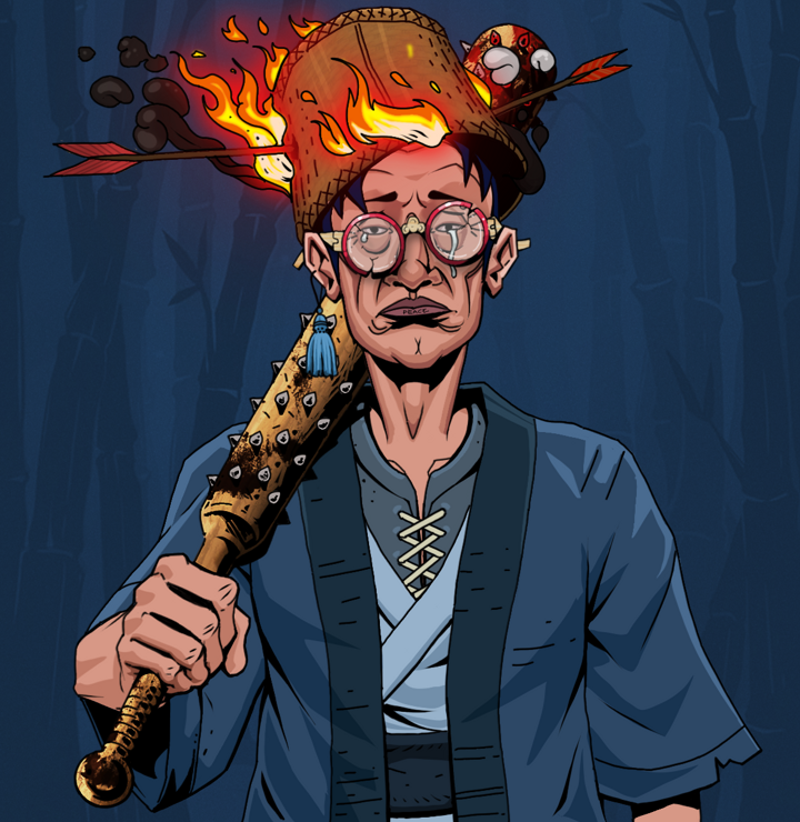 Teary Goro — Degen Dojo NFT art (Tassel, Night Forest, Degens, Blue Warrior Kimono, Teary Goro, Broken Glasses, Burning Basket, Yakuza Club, Mint)