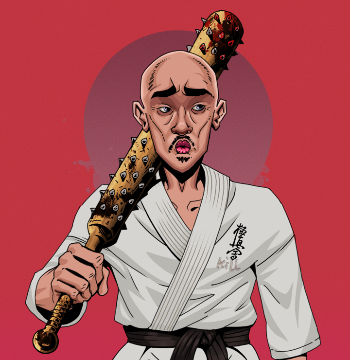 Masumi Steel — Degen Dojo NFT art (Shirtless Runt, Red High Moon, Degens, Student Gi, Masumi Steel, Bald, Yakuza Club, Mint)