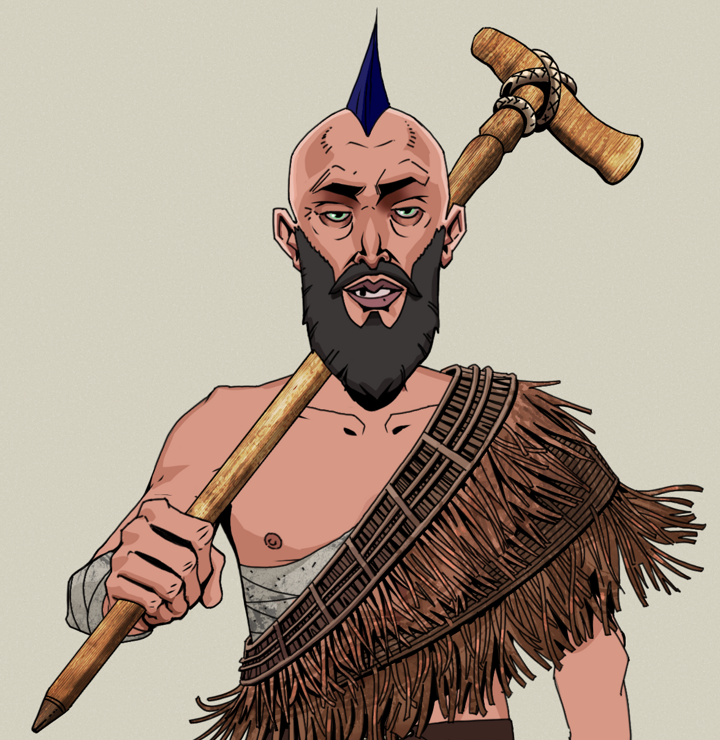 Serious Oleg — Degen Dojo NFT art (Shirtless Runt, Warm Grey, Degens, Dried Straw, Serious Oleg, Mohawk Spike, Wooden Walking Cane, Mint)