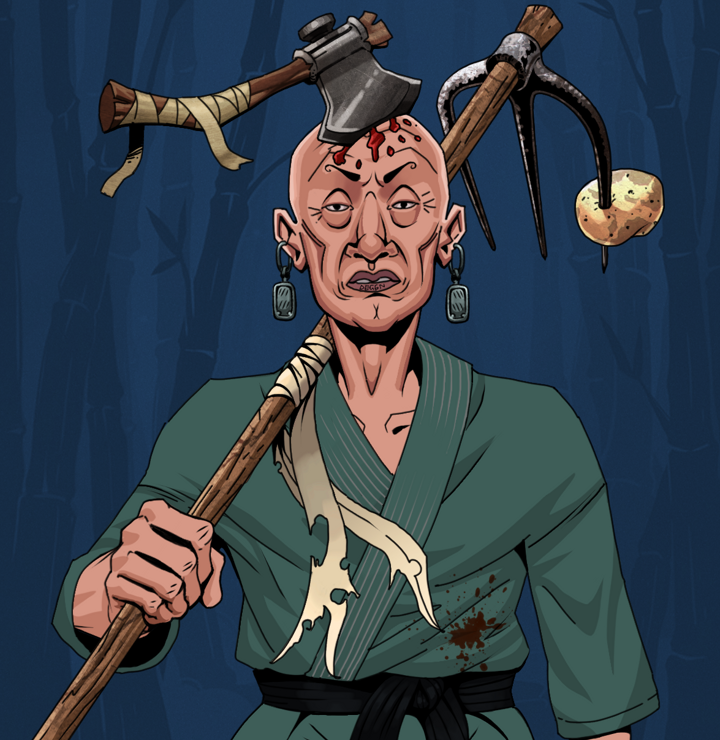 Goro — Degen Dojo NFT art (Iron Earrings, Night Forest, Degens, Fight Gi, Goro, Shirtless Runt, Splitting Axe Ache, Farmers Hoe, Mint)