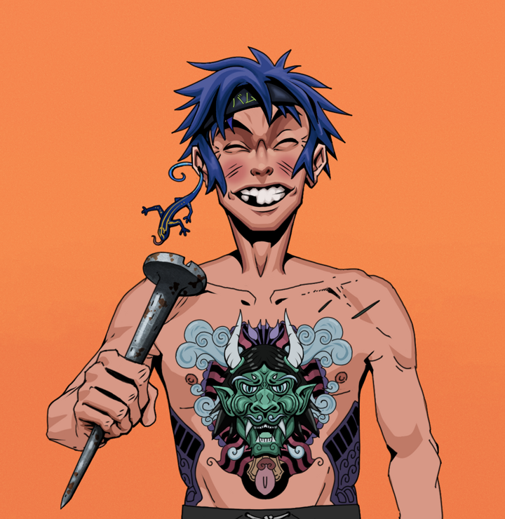 Cheery Haru — Degen Dojo NFT art (Lizard, Orange Afternoon, Degens, Blue Oni Tattoo, Cheery Haru, Shirtless Runt, Bum Headband Ruffian, Rusty Nail, Mint)