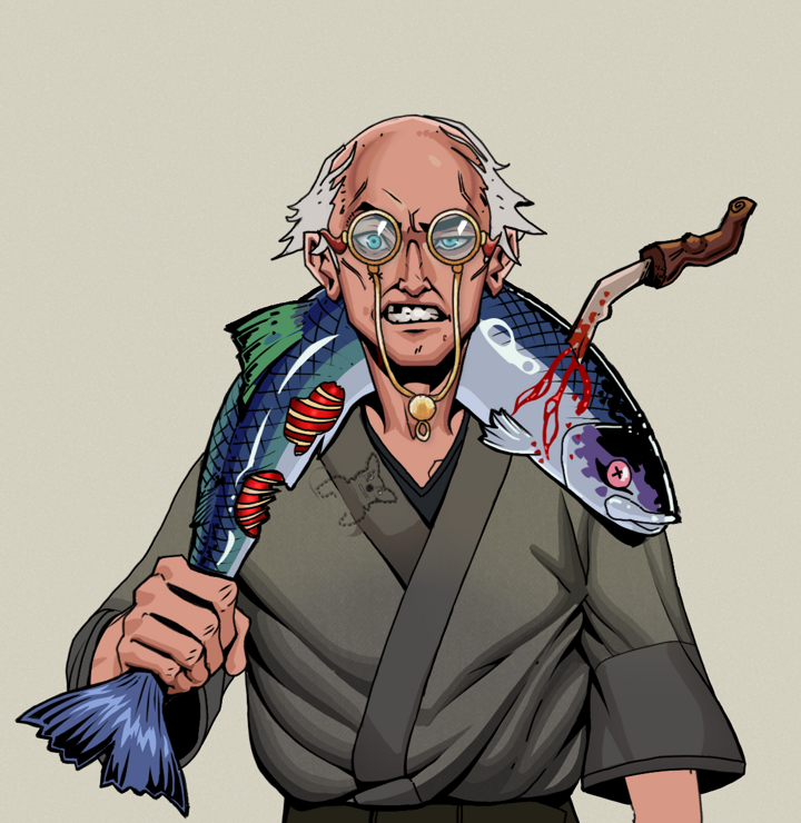 Akuma — Degen Dojo NFT art (Shirtless Runt, Warm Grey, Degens, Puppy Kimono, Akuma, Pompous Glasses, Kung Fu Master, Dead Fish, Mint)