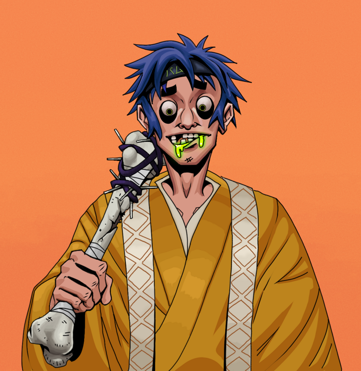 Toxic Azuma — Degen Dojo NFT art (Shirtless Runt, Orange Afternoon, Degens, Ordained Dejen, Toxic Azuma, Bum Headband Ruffian, Spiky Femur, Mint)