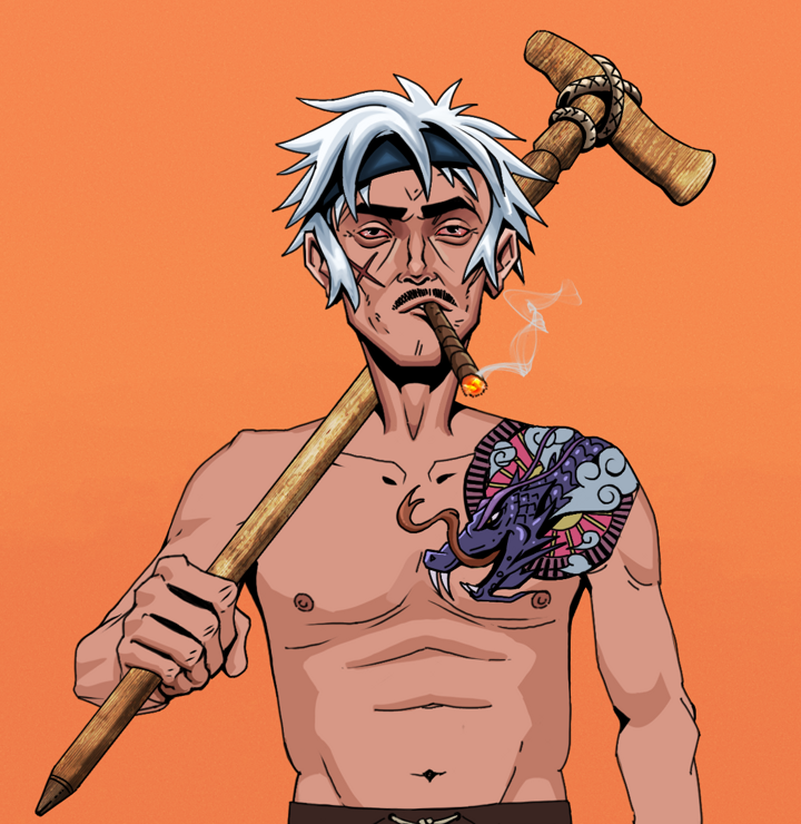 Raikou The Stoner — Degen Dojo NFT art (Shirtless Runt, Orange Afternoon, Degens, Dragon Head Tattoo, Raikou The Stoner, White Ruffian, Wooden Walking Cane, Mint)
