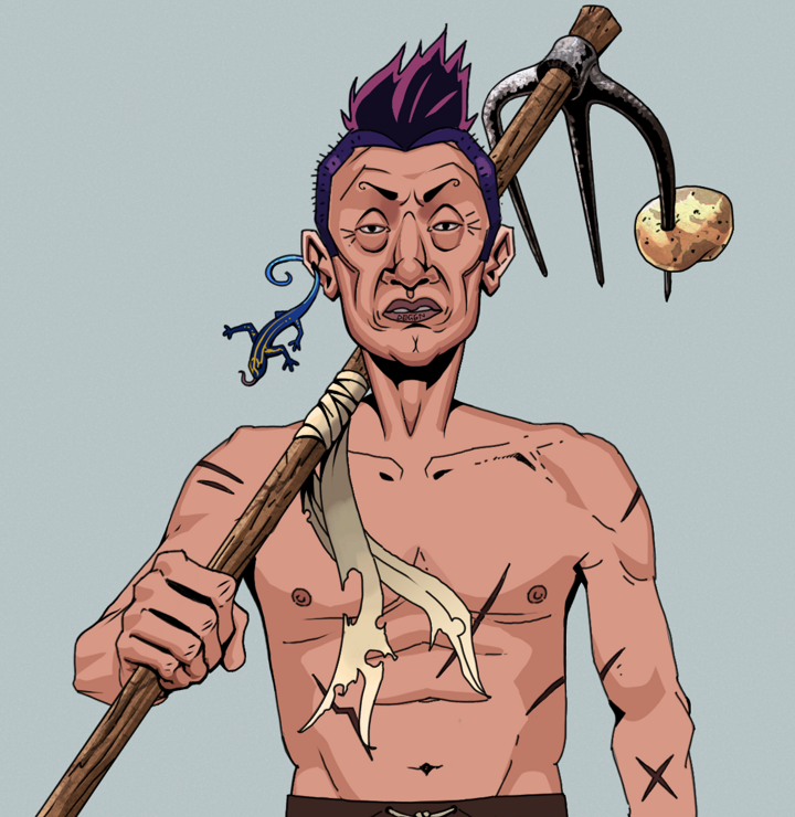 Goro — Degen Dojo NFT art (Lizard, Light Grey, Degens, Battle Scars, Goro, Shirtless Runt, Yakuza Hooligan, Farmers Hoe, Mint)