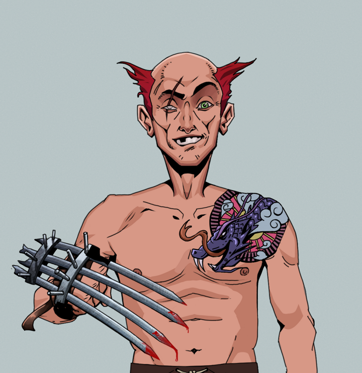 One-Eyed Itsuki — Degen Dojo NFT art (Shirtless Runt, Light Grey, Degens, Dragon Head Tattoo, One-Eyed Itsuki, Red Heihachi, Tekko-Kagi Claws, Mint)