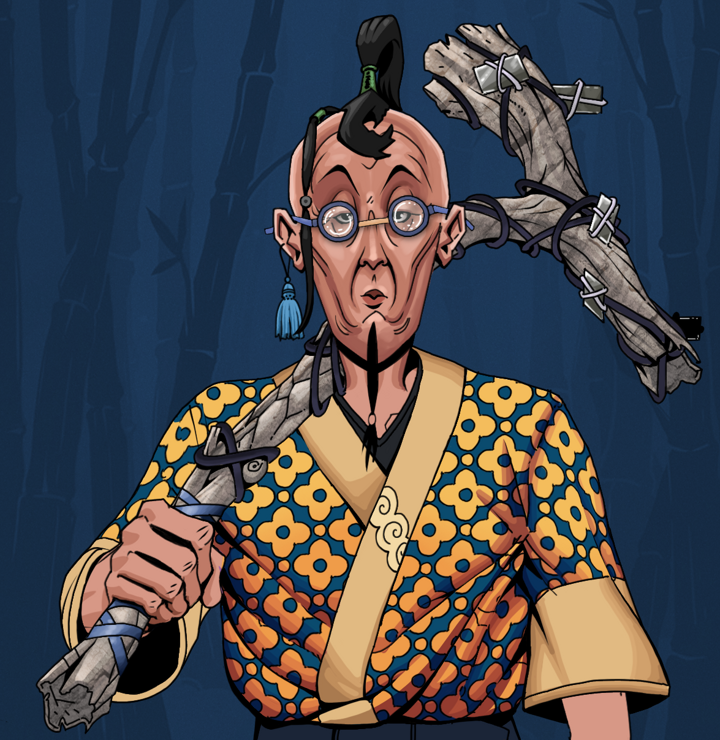 Edmundo — Degen Dojo NFT art (Tassel, Night Forest, Degens, Yellow Flowers Silk Kimono, Edmundo, Spectacles, Dejen Samurai, Large Branch, Mint)