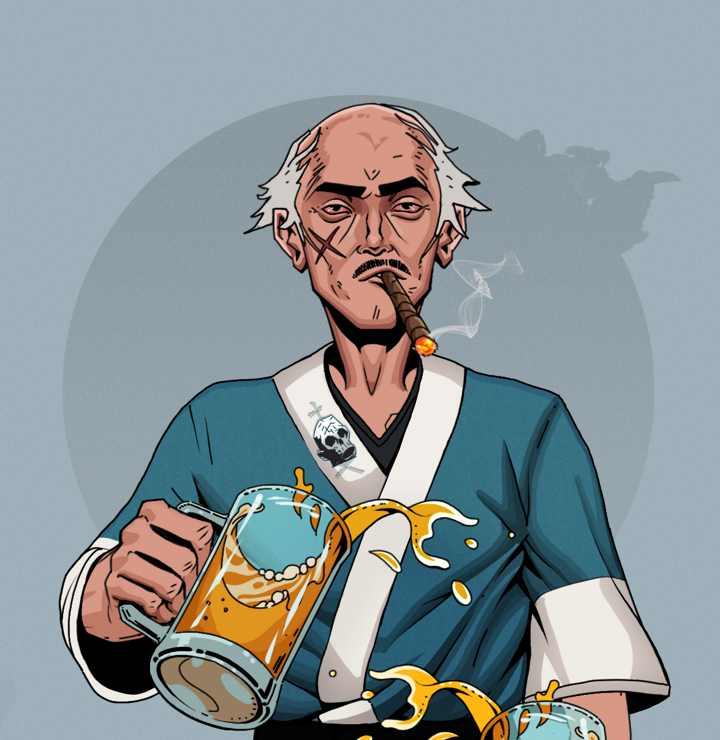 Raikou The Stoner — Degen Dojo NFT art (Shirtless Runt, Grey Mist, Degens, Skull Kimono, Raikou The Stoner, Kung Fu Master, Beer Splash, Mint)