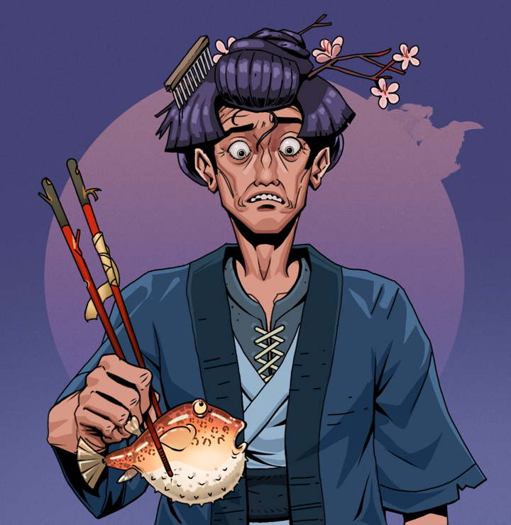 Shitless Botan — Degen Dojo NFT art (Shirtless Runt, Purple Night, Degens, Blue Warrior Kimono, Shitless Botan, Disheveled Geisha, Frightened Fugu, Mint)