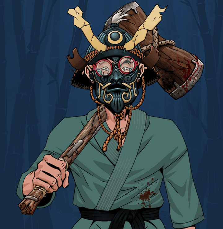 Stresshead Rin — Degen Dojo NFT art (Nails, Night Forest, Degens, Fight Gi, Stresshead Rin, Broken Glasses, Tatami Kabuto, Wooden Warhammer, Mint)