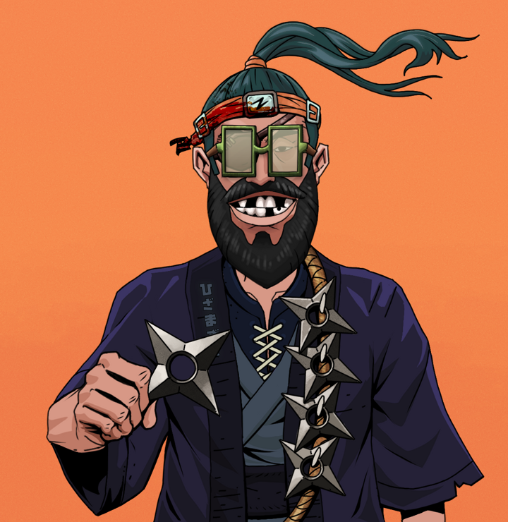 Igor The Veteran — Degen Dojo NFT art (Shirtless Runt, Orange Afternoon, Degens, Daimyo Warrior Kimono, Igor The Veteran, Shoji Glasses, Green Bandana, Shuriken Belt, Mint)