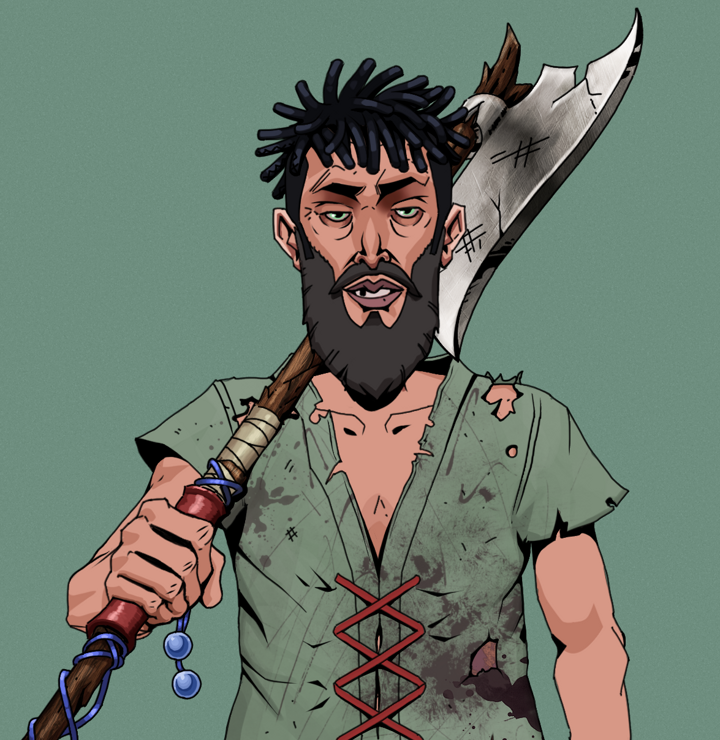 Serious Oleg — Degen Dojo NFT art (Shirtless Runt, Olive Green, Degens, Dirty Peasant Rags, Serious Oleg, Black Bantu Knots, Broken Nagatina, Mint)
