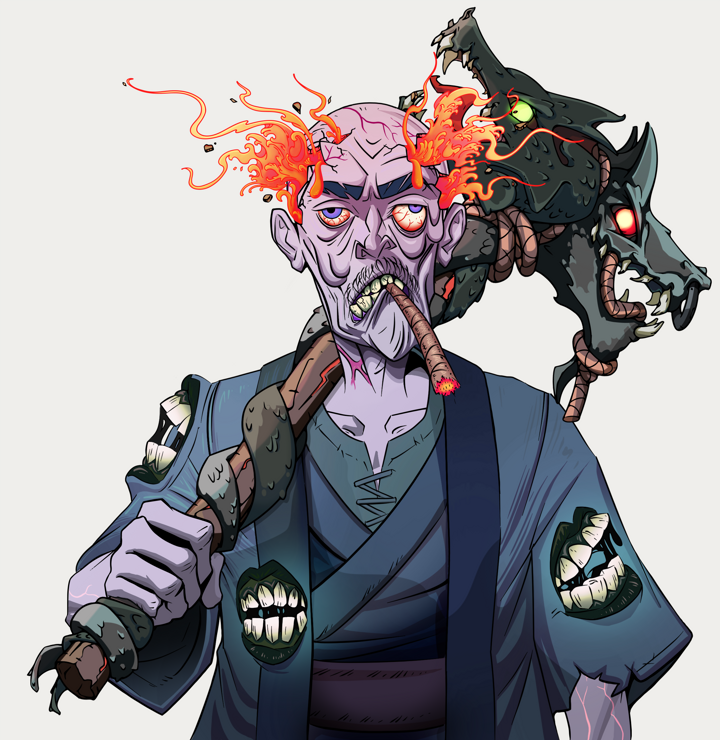 Raikou The Stoner — Degen Dojo NFT art (Shirtless Runt, Warm Grey, Demons, Blue Warrior Kimono, Raikou The Stoner, Red Heihachi, Wooden Warhammer, Mint)