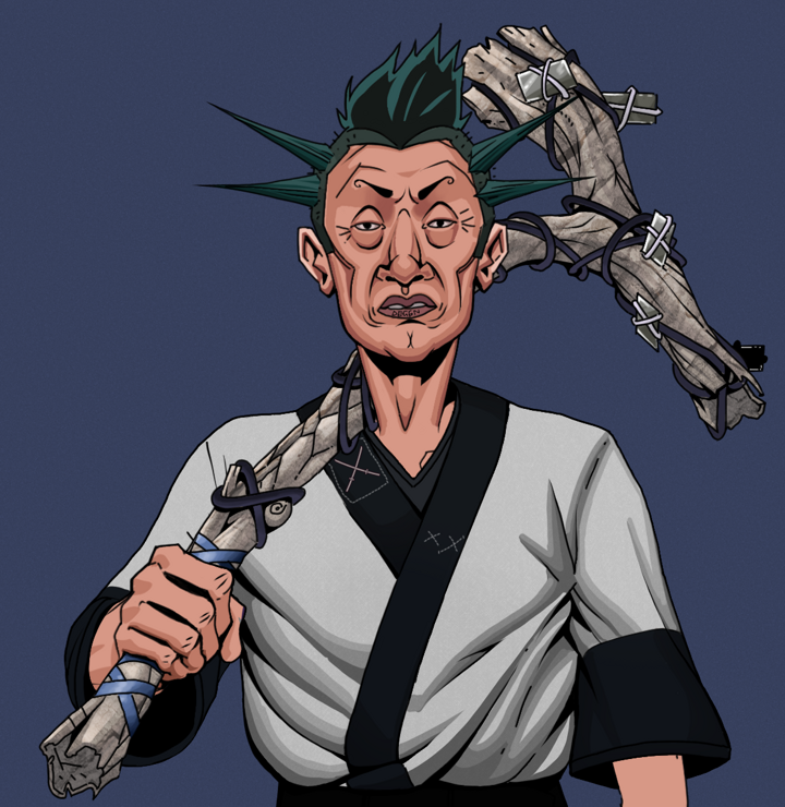 Goro — Degen Dojo NFT art (Shirtless Runt, Blue Evening, Degens, Katana Kimono, Goro, Yakuza Ruffian, Large Branch, Mint)