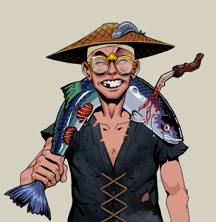 Cheery Haru — Degen Dojo NFT art (Shirtless Runt, Warm Grey, Degens, Black Peasant Sack, Cheery Haru, Golden Glasses, Wide Kasa Fisherman, Dead Fish, Mint)