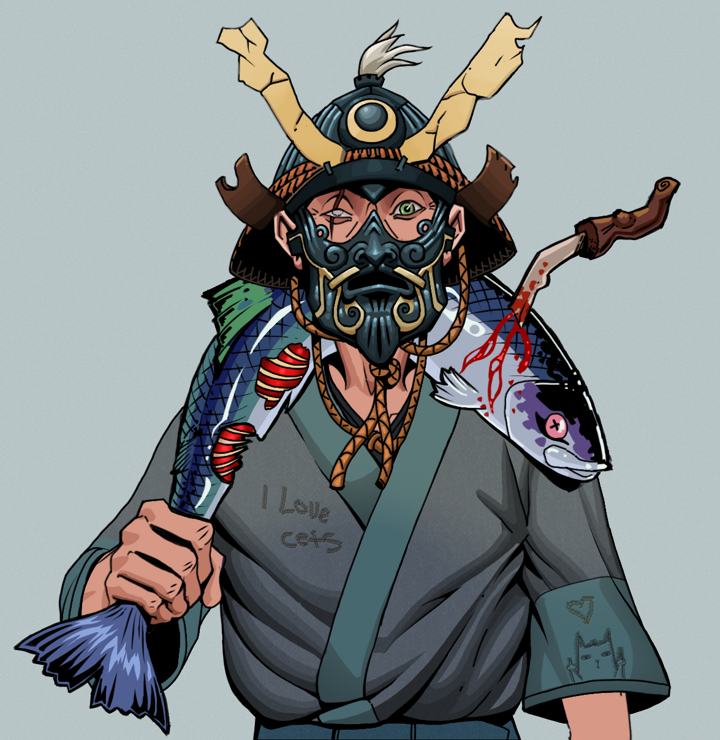 One-Eyed Itsuki — Degen Dojo NFT art (Shirtless Runt, Light Grey, Degens, Cet Kimono, One-Eyed Itsuki, Tatami Kabuto, Dead Fish, Mint)