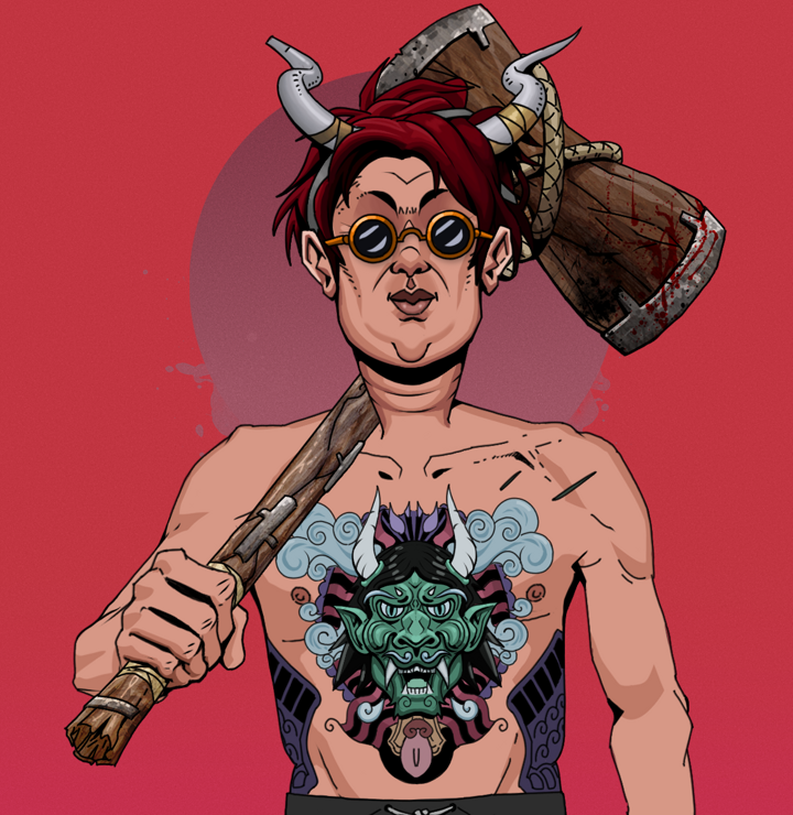 Fat Bob — Degen Dojo NFT art (Shirtless Runt, Red High Moon, Degens, Blue Oni Tattoo, Fat Bob, Dark Spectacles, Grey Oni Horns, Wooden Warhammer, Mint)