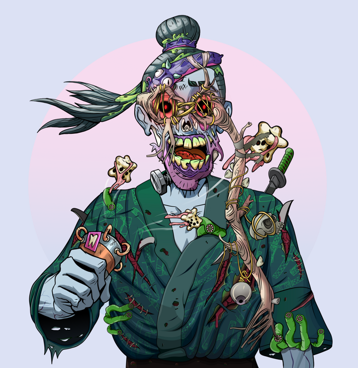 Shitless Botan — Degen Dojo NFT art (Shirtless Runt, Purple Night, Demons, Katanajamas Kimono, Shitless Botan, Telescopic Glasses, Long Flowing, Chō-Han Gambling Dice, Mint)