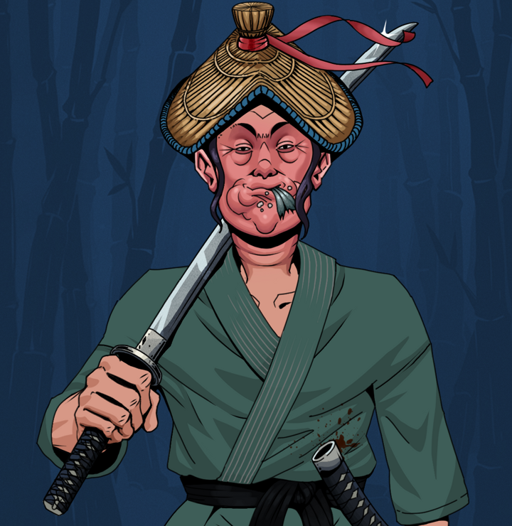 Fatty Bobsticks — Degen Dojo NFT art (Shirtless Runt, Night Forest, Degens, Fight Gi, Fatty Bobsticks, High Straw Rice Hat, Katana, Mint)
