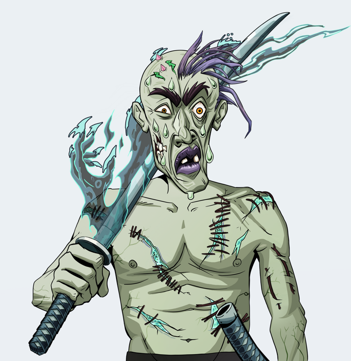 Stresshead Rin — Degen Dojo NFT art (Shirtless Runt, Light Grey, Demons, Battle Scars, Stresshead Rin, Yakuza Hooligan, Katana, Mint)