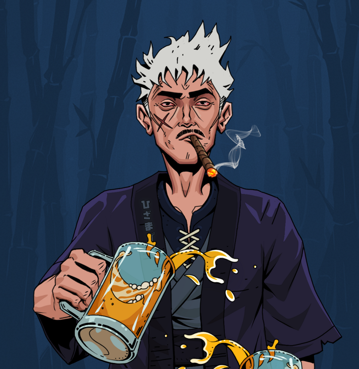 Raikou The Stoner — Degen Dojo NFT art (Shirtless Runt, Night Forest, Degens, Daimyo Warrior Kimono, Raikou The Stoner, Short Spiky Grey, Beer Splash, Mint)