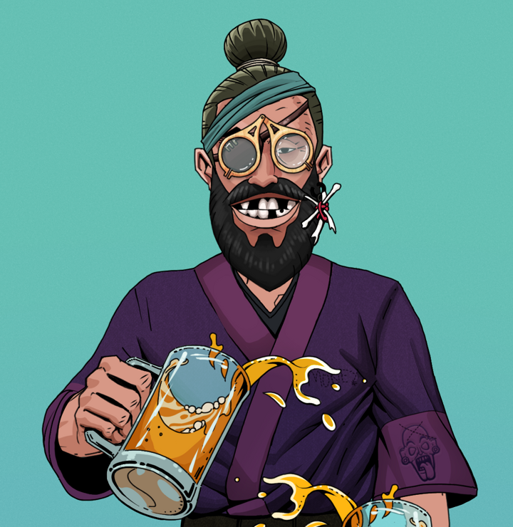 Igor The Veteran — Degen Dojo NFT art (Finger Bones, Teal Daytime, Degens, Money Kimono, Igor The Veteran, Pocket Glasses, Hair Bun, Beer Splash, Mint)