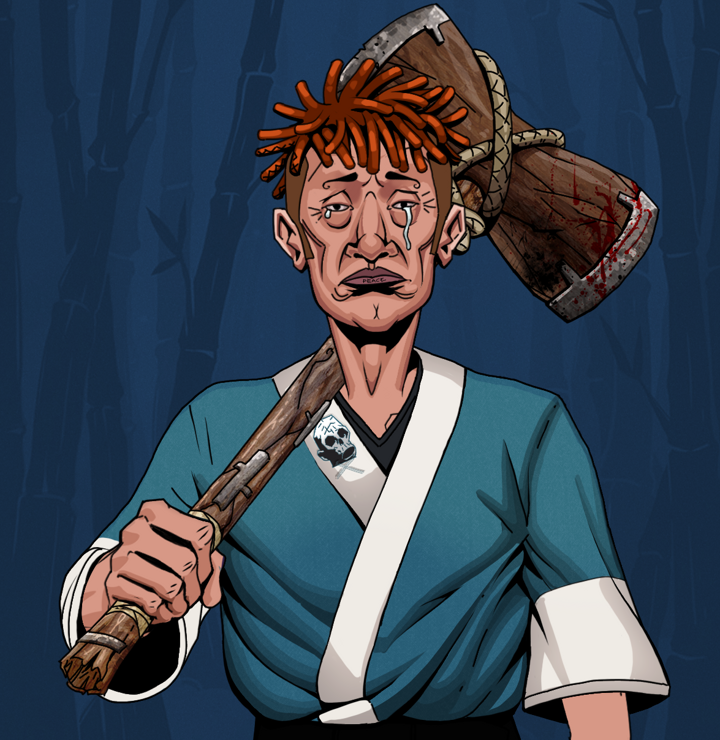Teary Goro — Degen Dojo NFT art (Shirtless Runt, Night Forest, Degens, Skull Kimono, Teary Goro, Orange Bantu Knots, Wooden Warhammer, Mint)