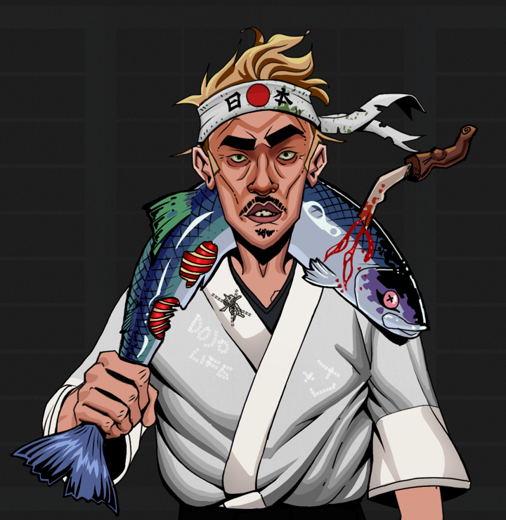 Gloomy Masumi — Degen Dojo NFT art (Shirtless Runt, Shoji Night, Degens, No Honor Kimono, Gloomy Masumi, Karate Headband, Dead Fish, Mint)