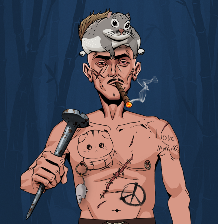 Raikou The Stoner — Degen Dojo NFT art (Shirtless Runt, Night Forest, Degens, Recovering Alcoholic, Raikou The Stoner, Mr. Momonga Hat, Rusty Nail, Mint)
