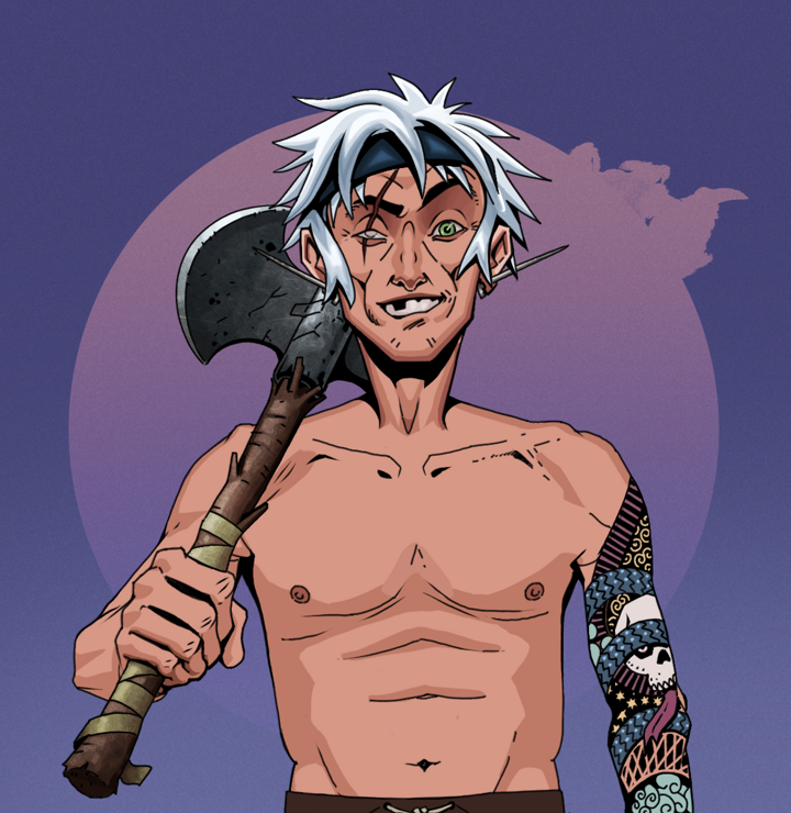 One-Eyed Itsuki — Degen Dojo NFT art (Nails, Purple Night, Degens, Skull Sleeve, One-Eyed Itsuki, Shirtless Runt, White Ruffian, Axe, Mint)