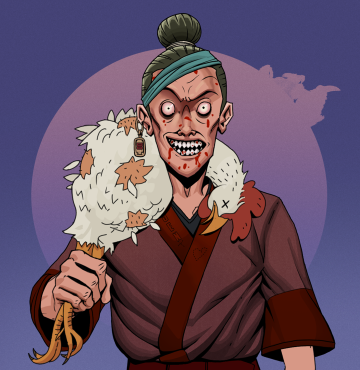 Assassin Fuzen — Degen Dojo NFT art (Dojo Paper Earring, Purple Night, Degens, Proud Dejen Kimono, Assassin Fuzen, Shirtless Runt, Hair Bun, Chicken, Mint)