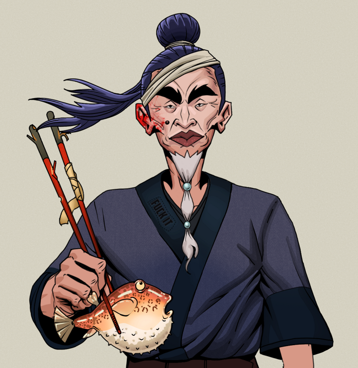 Yuji The Wise — Degen Dojo NFT art (Shirtless Runt, Warm Grey, Degens, Fuck You Kimono, Yuji The Wise, Long Flowing, Frightened Fugu, Mint)