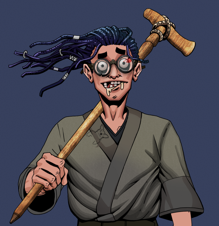 Drooling Azuma — Degen Dojo NFT art (Shirtless Runt, Blue Evening, Degens, Puppy Kimono, Drooling Azuma, Bloodied Glasses, Flowing Dreads, Wooden Walking Cane, Mint)