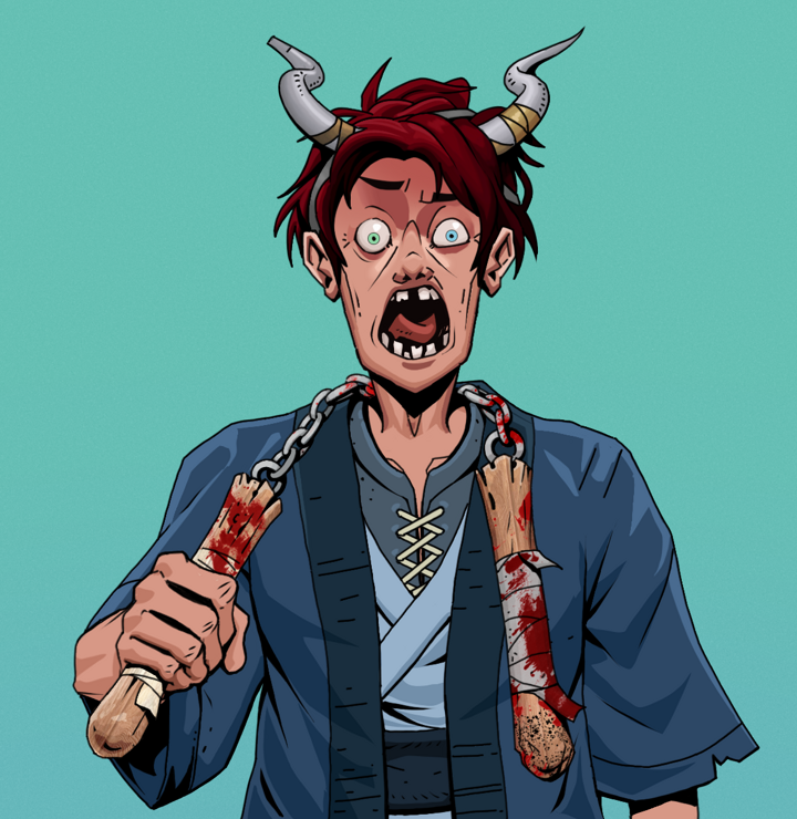 Tokuda — Degen Dojo NFT art (Shirtless Runt, Teal Daytime, Degens, Blue Warrior Kimono, Tokuda, Grey Oni Horns, Bloody Nunchucks, Mint)