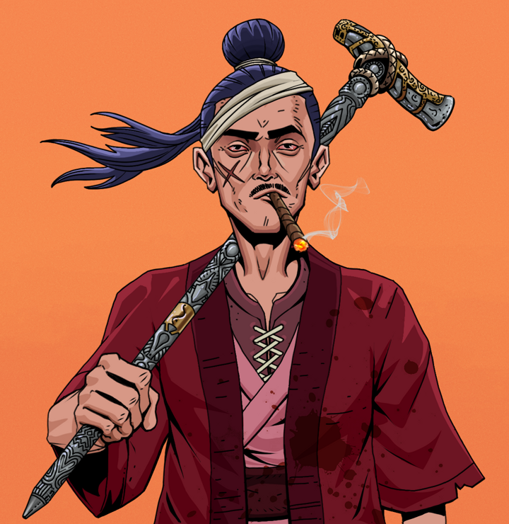 Raikou The Stoner — Degen Dojo NFT art (Shirtless Runt, Orange Afternoon, Degens, Red Warrior Kimono, Raikou The Stoner, Long Flowing, Artisan Walking Cane, Mint)