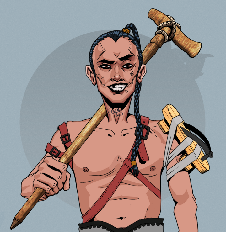 Junichiro — Degen Dojo NFT art (Shirtless Runt, Grey Mist, Degens, Strap On Geta, Junichiro, Braided Samurai Ponytail, Wooden Walking Cane, Mint)