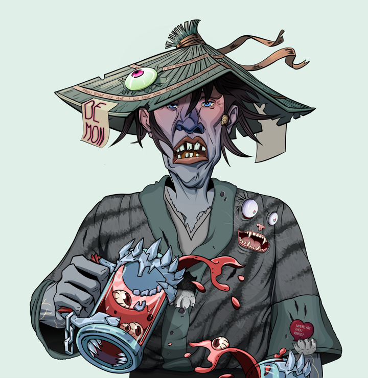 Goro — Degen Dojo NFT art (Shirtless Runt, Teal Daytime, Demons, Cet Kimono, Goro, High Straw Rice Hat, Beer Splash, Mint)