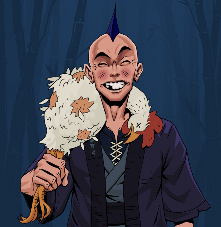 Cheery Haru — Degen Dojo NFT art (Shirtless Runt, Night Forest, Degens, Daimyo Warrior Kimono, Cheery Haru, Mohawk Spike, Chicken, Mint)