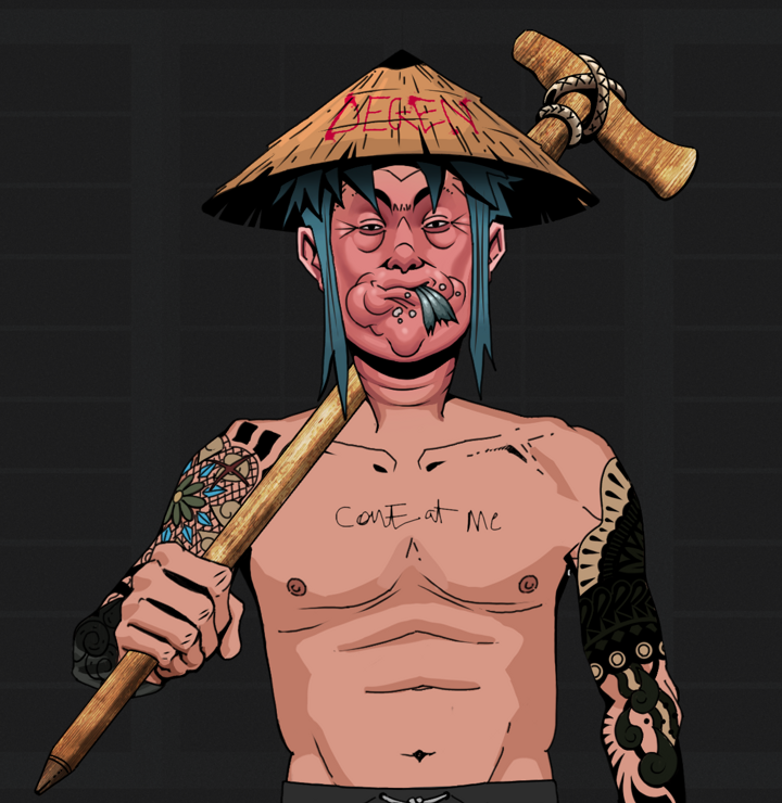 Fatty Bobsticks — Degen Dojo NFT art (Shirtless Runt, Shoji Night, Degens, Black Yakuza Sleeves, Fatty Bobsticks, Degen Graffiti Rice Hat, Wooden Walking Cane, Mint)