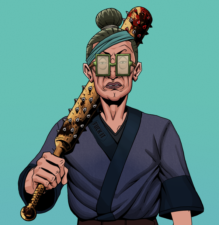 Goro — Degen Dojo NFT art (Shirtless Runt, Teal Daytime, Degens, Fuck You Kimono, Goro, Shoji Glasses, Hair Bun, Yakuza Club, Mint)