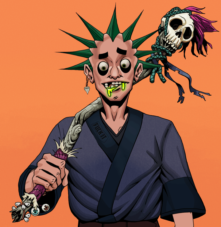 Toxic Azuma — Degen Dojo NFT art (Shark Tooth, Orange Afternoon, Degens, Fuck You Kimono, Toxic Azuma, Shirtless Runt, Zapachi, Shaman Skull Staff, Mint)