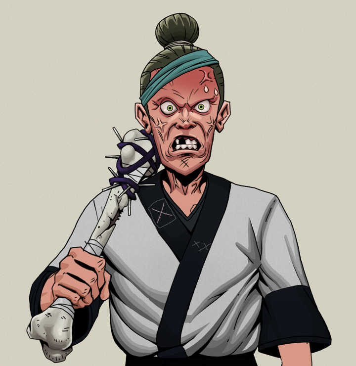 Angry Ikari — Degen Dojo NFT art (Shirtless Runt, Warm Grey, Degens, Katana Kimono, Angry Ikari, Hair Bun, Spiky Femur, Mint)