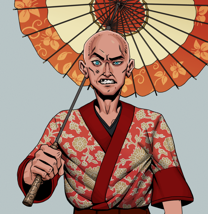 Akuma — Degen Dojo NFT art (Shirtless Runt, Light Grey, Degens, Silken Sunflower Kimono, Akuma, Bald, Floral Parasol, Mint)