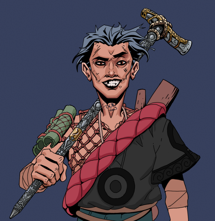 Junichiro — Degen Dojo NFT art (Shirtless Runt, Blue Evening, Degens, Village Leader, Junichiro, Wavy, Artisan Walking Cane, Mint)