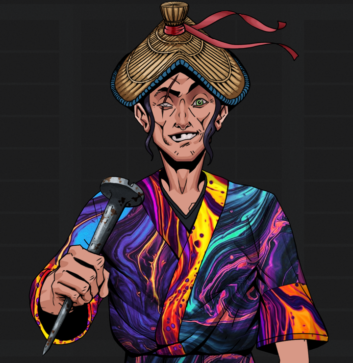 One-Eyed Itsuki — Degen Dojo NFT art (Shirtless Runt, Shoji Night, Degens, Rainbow Kimono, One-Eyed Itsuki, High Straw Rice Hat, Rusty Nail, Mint)